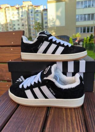 Зимние женские кроссовки adidas campus black white fur мех