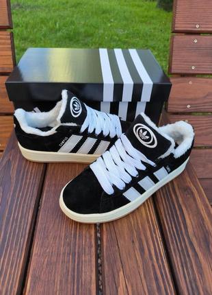 Зимние мужские кроссовки adidas campus black white fur мех1 фото