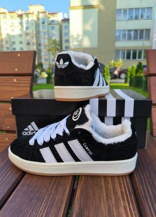 Зимові чоловічі кросівки adidas campus black white fur хутро7 фото