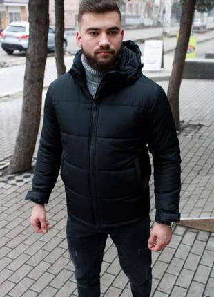 Мужская утепленная куртка черная съемный капюшон5 фото