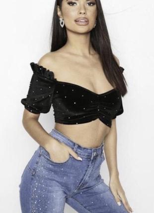 Y2k кроп топ boohoo черный яркий бархатный очень короткий