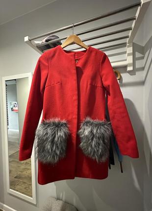 Кашемир пальто красный мех5 фото