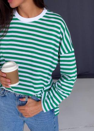 Удобный женский стильный хлопковый лонгслив тельняшка универсальный размер оверсайз в зелено белую полоску8 фото