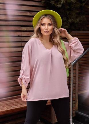 Стильная качественная женская блуза из качественной ткани креп жатка норма и батал розовый цвет