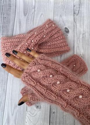 Рукавички без пальців мітенки рожеві пудрові чорні мітєнки мохер пухнасті рукавички4 фото