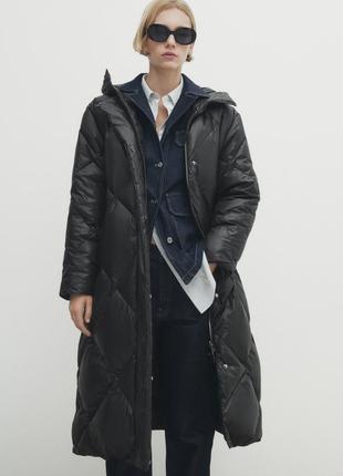 Massimo dutti длинная стеганая ромбами куртка с наполнителем из пуха и пера новая черная4 фото