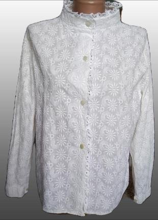 Актуальна біла бавовняна блуза з прошви/жіноча вишита блузка з довгими рукавами handmade