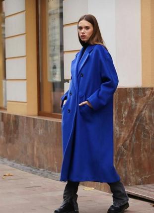Демисезонное зимнее пальто оттенок электрик синий шерстяное миди макси в стиле zara massimo dutti mango h&amp;m asos1 фото