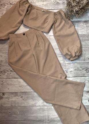 Костюм широкі штани палаццо кльош кюлоти прямі укорочений короткий топ блузка блуза кофта довгий рукав ліхтарик брюки класичний