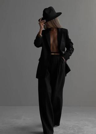 Костюм женский черный однотонный оверсайз пиджак на пуговице брюки свободного кроя на высокой посадке качественный стильный базовый