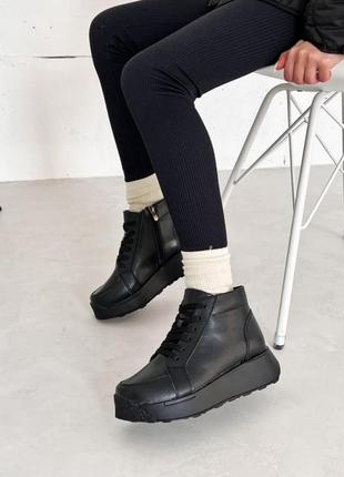 Черные демисезонные высокие кроссовки кеды ботинки хайтопы на высокой подошве утолщенной из натуральной кожи2 фото