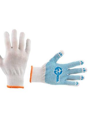 Рукавичка трикотажна 70% бавовна/ 30% полієстер, з пвх крапкою, клас в'язки 10, колір білий, синя крапка, 52