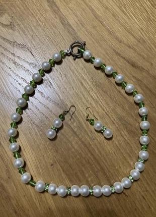 Намисто на шию зі штучних перлів + сережки ручна робота