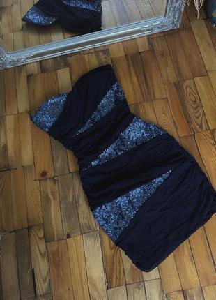 Синее мини платье бандо2 фото