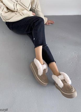 Замшеві зимові черевики лофери з хутром натуральна замша8 фото