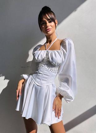 Ідеальна атласна сукня з корсетом зі стразами, плаття міні з корсетом атлас, сукня міні з об'ємними рукавами