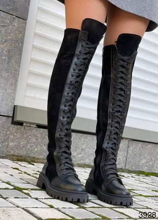 Шикарні жіночі зимові чоботи ботфорти на шнурівці, натуральна шкіра та замша10 фото