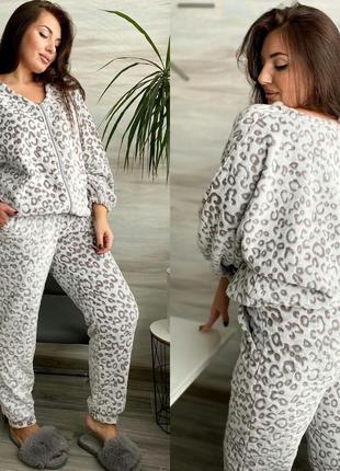 Тепла махрова піжама з принтом леопарда з кофтою з штанами з кішенями домашній костюм одяг для дому