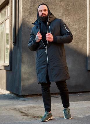 Мужская зимняя теплая парка куртка удлиненная длинная черная хаки графит зима люкс качества после платья наложка s m l xl xxl7 фото