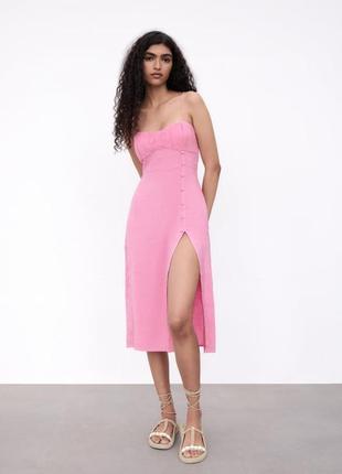 Платье сарафан миди розовый лен вискоза с разрезом на пуговицах zara s m 8190/7434 фото