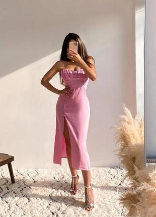 Платье сарафан миди розовый лен вискоза с разрезом на пуговицах zara s m 8190/7433 фото