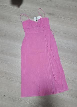 Платье сарафан миди розовый лен вискоза с разрезом на пуговицах zara s m 8190/7437 фото