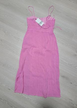 Платье сарафан миди розовый лен вискоза с разрезом на пуговицах zara s m 8190/7438 фото