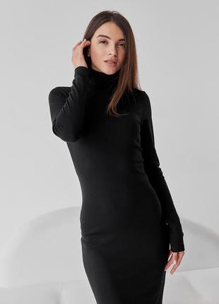Платье - гольф женское миди теплое, с начесом, качественное фабричное, однотонное, черное2 фото