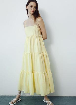 Платье сарафан коттон миди желтое с воланами zara s m2 фото