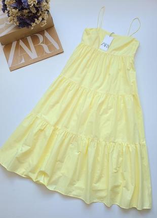 Платье сарафан коттон миди желтое с воланами zara s m7 фото