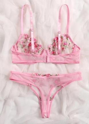 Эротический сексуальный комплект розовый, набор бюстгальтер женского белья, прозрачный трусики трусики стринги вышивка2 фото
