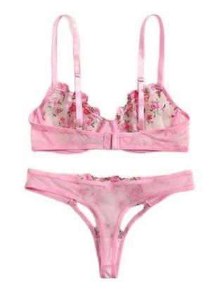 Эротический сексуальный комплект розовый, набор бюстгальтер женского белья, прозрачный трусики трусики стринги вышивка6 фото