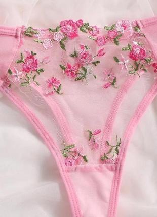 Эротический сексуальный комплект розовый, набор бюстгальтер женского белья, прозрачный трусики трусики стринги вышивка4 фото