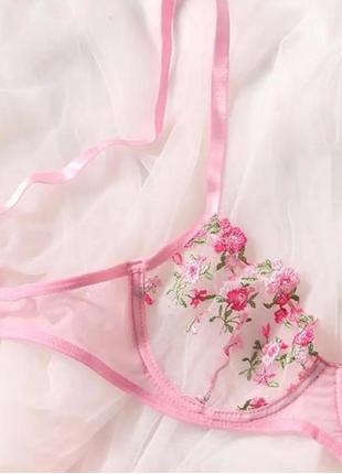 Эротический сексуальный комплект розовый, набор бюстгальтер женского белья, прозрачный трусики трусики стринги вышивка5 фото
