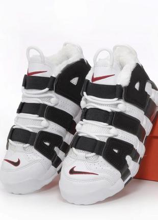 Зимові чоловічі кросівки nike air more uptempo white black red fur хутро