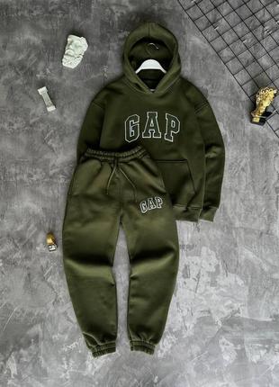 Мужской теплый оверсайз костюм gap на флисе зеленого цвета