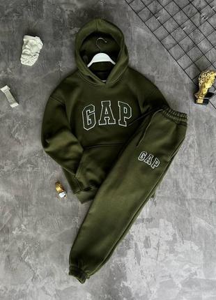 Чоловічий теплий оверсайз костюм gap на флісі зеленого кольору5 фото