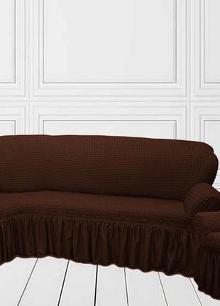 Безразмерные чехлы на угловые диваны кресло с оборкой жатка, покрывала на угловой диван турецкий пудровый3 фото