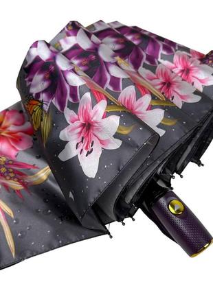 Женский складной зонт полуавтомат с атласным куполом с принтом цветов от toprain, фиолетовая ручка 0445-52 фото