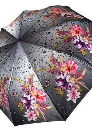 Женский складной зонт полуавтомат с атласным куполом с принтом цветов от toprain, фиолетовая ручка 0445-51 фото