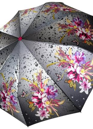 Жіноча складна парасоля напівавтомат з атласним куполом з принтом квітів від toprain, рожева ручка 0445-1