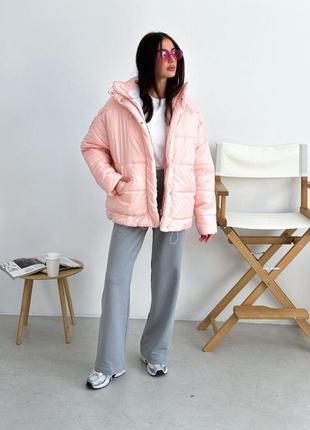 Женская зимняя теплая куртка в универсальном размере 42 48 с капюшоном ткань плащевка силикон цвет розовый3 фото