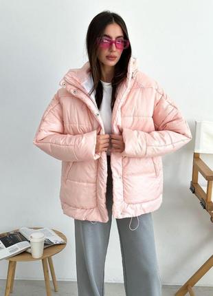 Женская зимняя теплая куртка в универсальном размере 42 48 с капюшоном ткань плащевка силикон цвет розовый9 фото