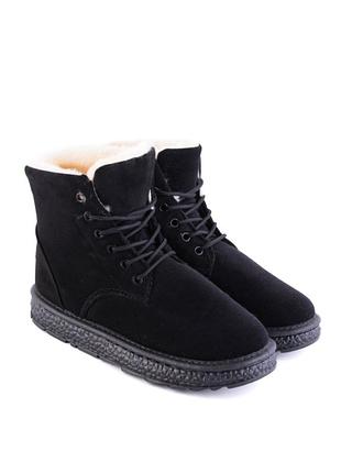 Стильные черные замшевые зимние ботинки на шнуровке модные