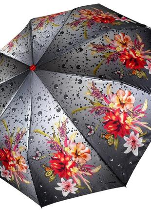 Женский складной зонт полуавтомат с атласным куполом с принтом цветов от toprain, красная ручка 0445-6