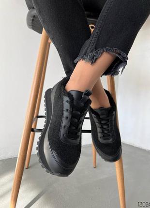 Черные кожаные фетровые текстильные кроссовки на толстой подошве с фетром мехом на меху фетром фетр войлок3 фото