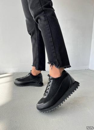 Черные кожаные фетровые текстильные кроссовки на толстой подошве с фетром мехом на меху фетром фетр войлок8 фото