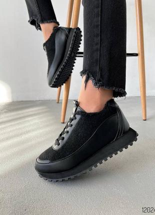 Чорні шкіряні текстильні фетрові зимові кросівки на товстій підошві хутрі з хутром фетром войлок зима фетр2 фото