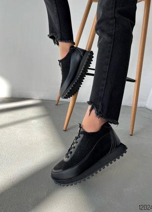 Черные кожаные фетровые текстильные кроссовки на толстой подошве с фетром мехом на меху фетром фетр войлок9 фото