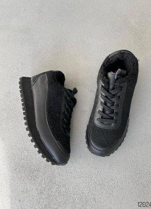 Чорні шкіряні текстильні фетрові зимові кросівки на товстій підошві хутрі з хутром фетром войлок зима фетр4 фото